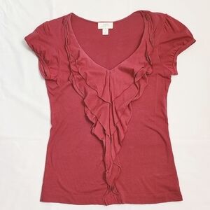 LOFT Women's Ruffle V-Neck Tee S Pink
